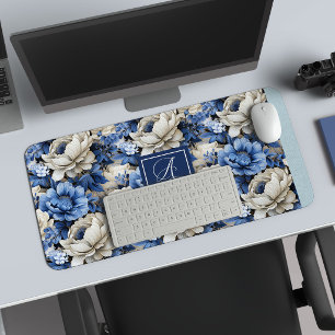 Tapis de Bureau Fleurs Bleu Marine Élégant Nom Per