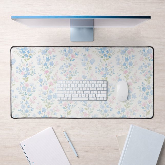 Tapis de bureau floral bleu féminin (elegant girly pretty watercolor blue pink floral pattern desk mat)