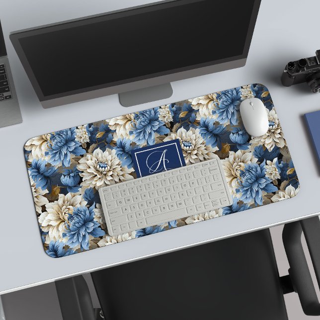 Tapis de bureau floral personnalisé Fleurs de la M (Luxury Navy Flowers Custom Name Floral Desk Mat)