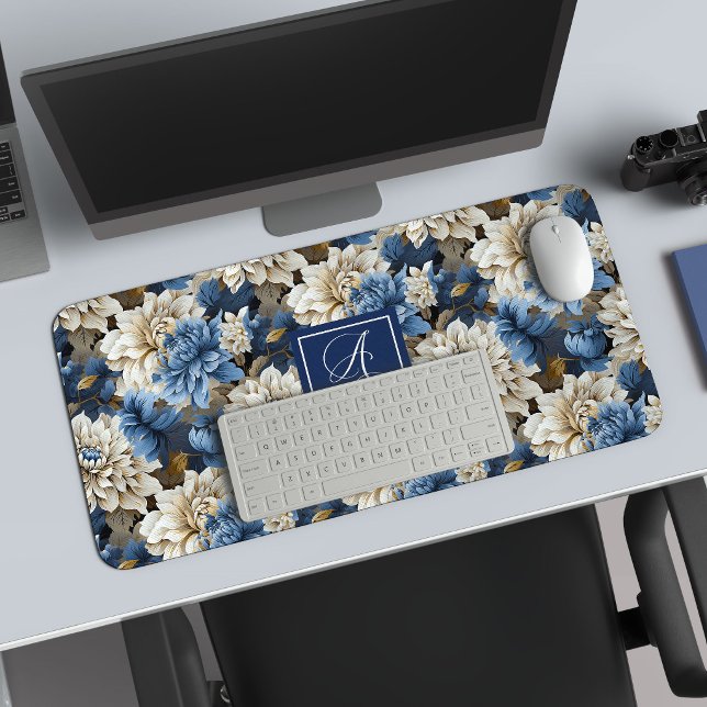 Tapis de bureau luxueux Fleurs Bleues et Blanches  (Elegant Blue and White Flowers Luxury Desk Mat)
