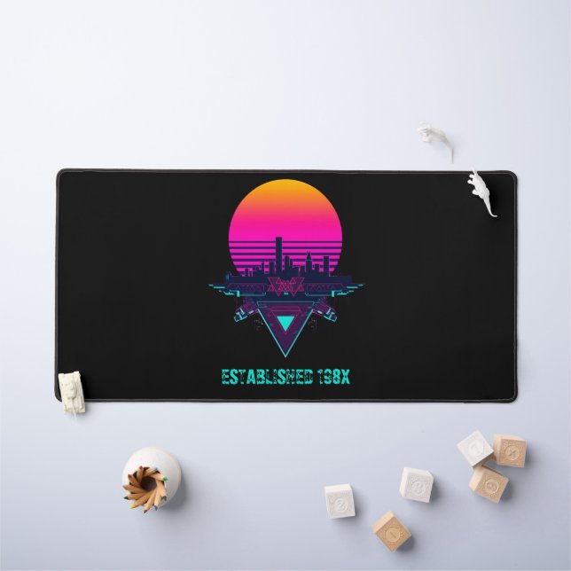 Tapis de bureau néon de ville synthwave rétro 80s (Tableau pour enfants)