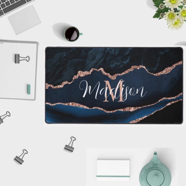 Tapis de bureau pailleté or rose agate bleu marine (Créateur téléchargé)