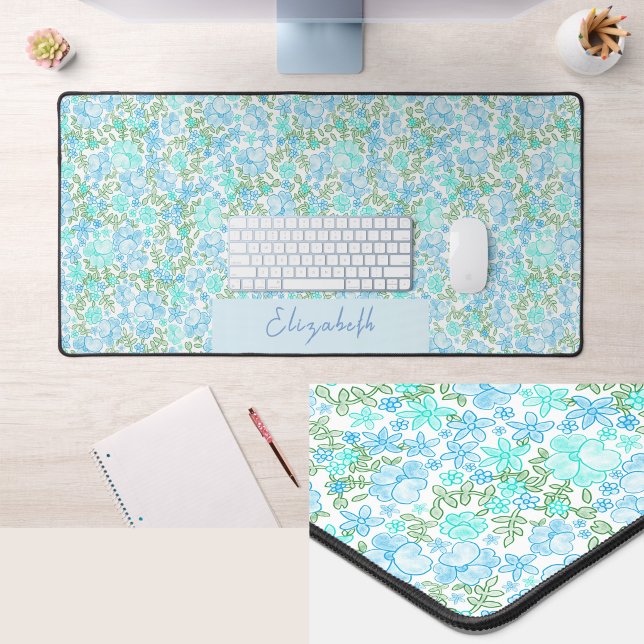 Tapis de bureau personnalisé avec fleurs sarcelle  (Créateur téléchargé)