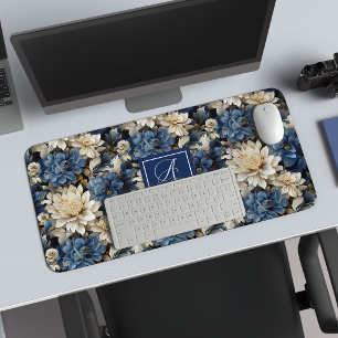 Tapis de bureau personnalisé Fleurs d'ivoire bleu