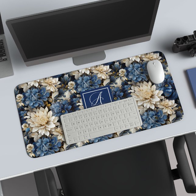 Tapis de bureau personnalisé Fleurs d'ivoire bleu  (Trendy Blue Ivory Flowers Personalized Desk Mat)