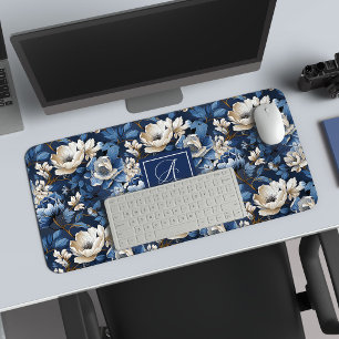 Tapis de bureau personnalisé Fleurs ivoire bleu gl