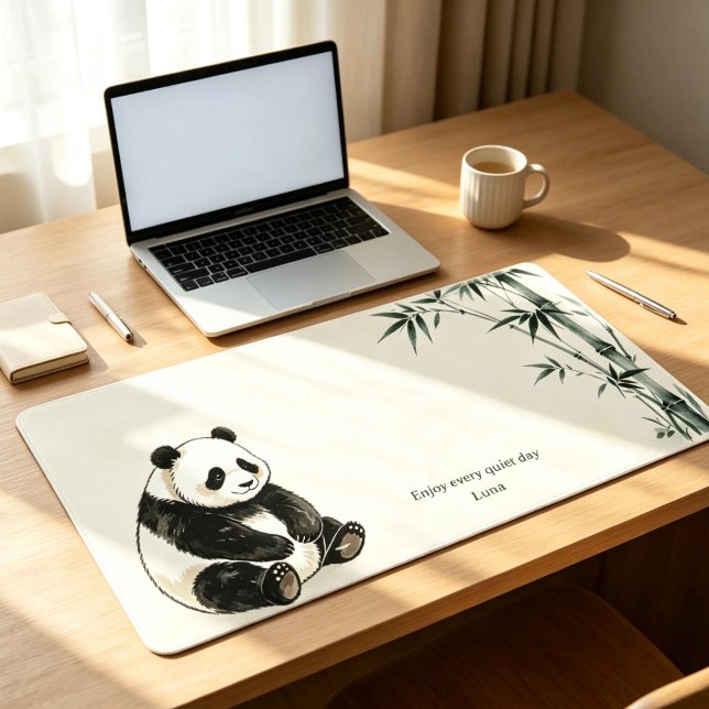 Tapis de bureau personnalisé Panda Bambou (Personalized panda bamboo desk mat with name, featuring cute watercolor panda and bamboo art.)