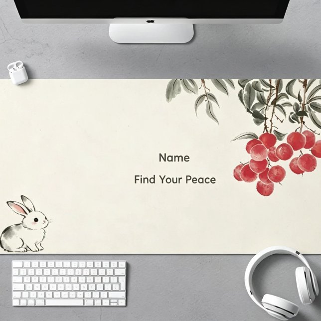 Tapis de bureau personnalisé simple moderne lapin  (Personalized Simple Modern Ink‑Wash Bunny Lychee Large Desk Mat)