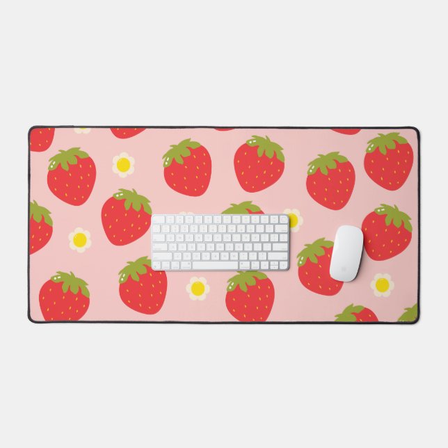 Tapis de bureau rose pastel Kawaii à motif fraise  (Clavier et souris)