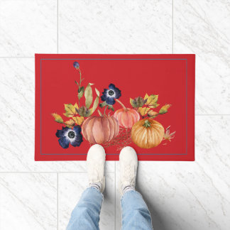 Tapis de citrouilles et fleurs d'automne