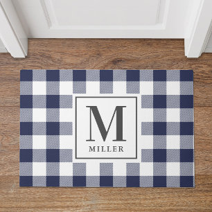 Tapis de ferme à carreaux bleu Buffalo avec monogr