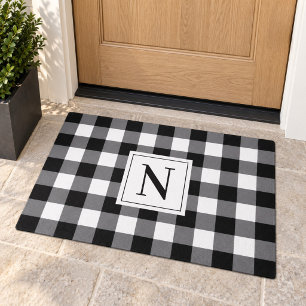 Tapis de ferme à carreaux noir et blanc avec monog