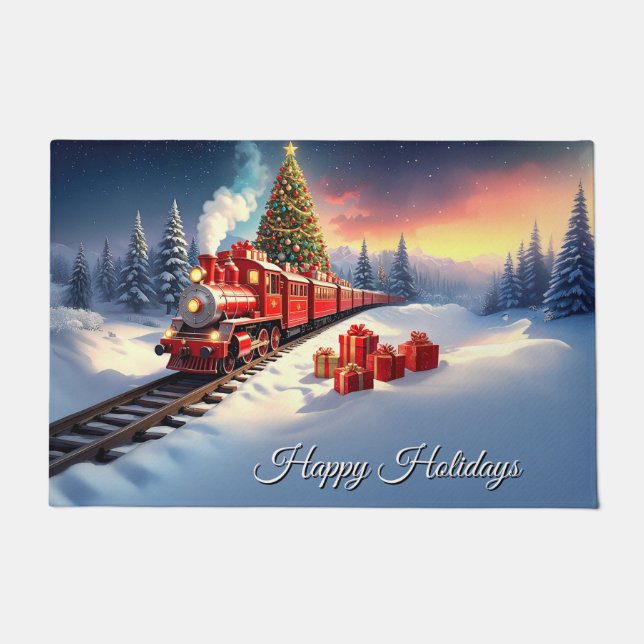 Tapis de Noël à motif train rouge et sapin (Devant)