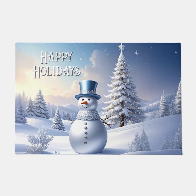 Tapis de Noël Bonhomme de Neige Chapeau Bleu Arbre (Devant)