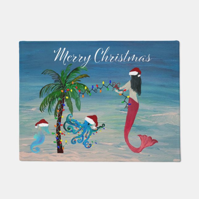 Tapis de Noël de plage côtière sirène et pieuvre (Devant)