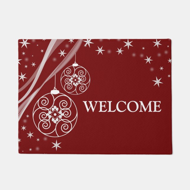 Tapis de Noël Ornements Blancs Étoiles Rouge Éléga (Devant)