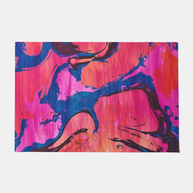 Tapis de porte abstrait de style Ebru bleu rouge V (Devant)