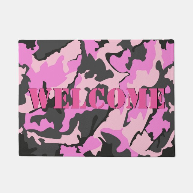 Tapis de porte BIENVENU rose de Camo, 18" x 24" (Devant)