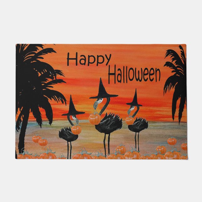 Tapis de porte de sorcière Flamant rose Halloween. (Devant)