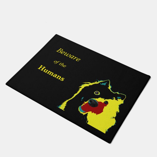 Tapis de porte drôle de chien - Attention aux Huma (Incliné)