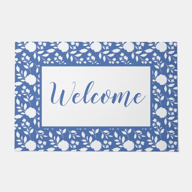 Tapis de porte floral blanc et bleu (Devant)