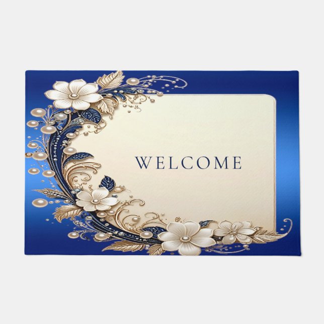 Tapis de porte floral bleu blanc (Devant)