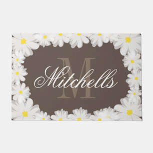 Tapis de porte floral de monogramme de fleur beige