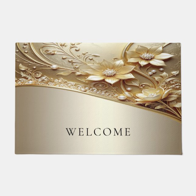 Tapis de porte floral doré orné moderne (Devant)