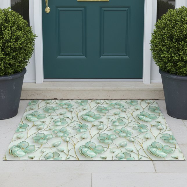 Tapis de porte floral vert élégant (elegant glam luxe aqua mint green and gold floral door mat)