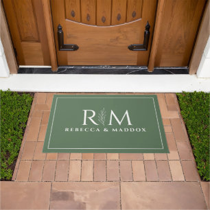 Tapis de porte monogramme botanique vert moderne