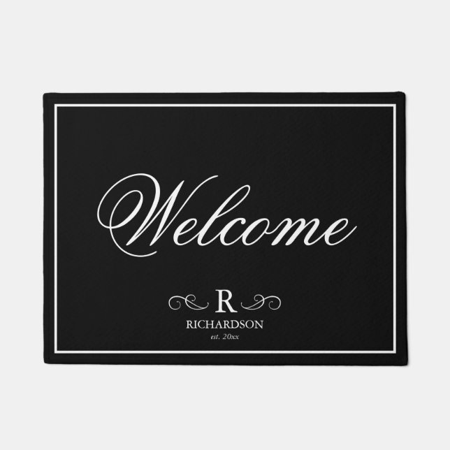 Tapis de porte monogrammé noir et blanc de bienven (Devant)