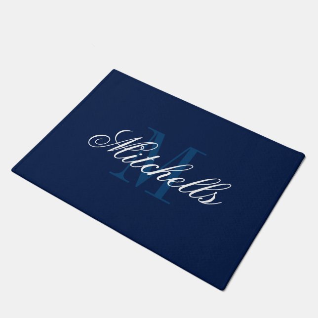 Tapis de porte monogrammed bleu marine et blanc (Incliné)