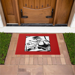 Tapis de porte noir et rouge pour motards