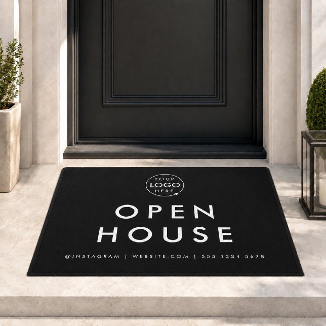 Tapis de porte Open House | Tapis d'entrée personn (Custom open house realtor doormat with logo space and contact details for listing visits.)