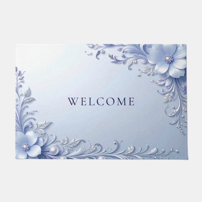 Tapis de sol aux fleurs ornées bleues avec perles (Devant)
