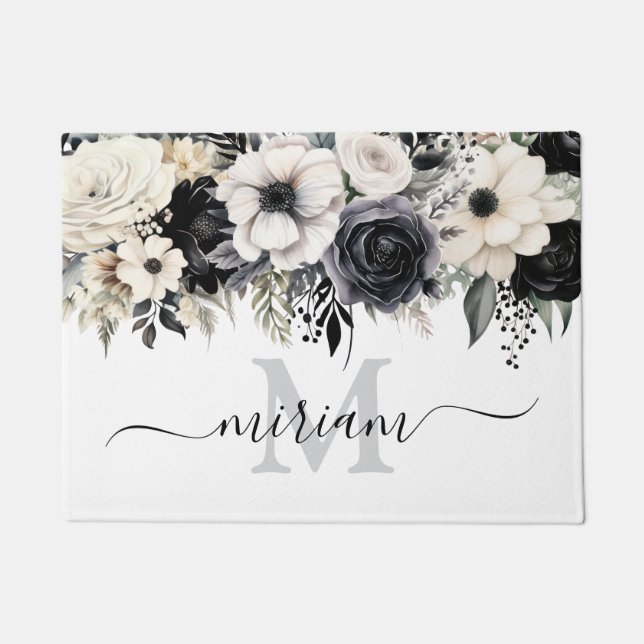 Tapis de sol de cuisine de luxe : Fleurs noires et (Devant)