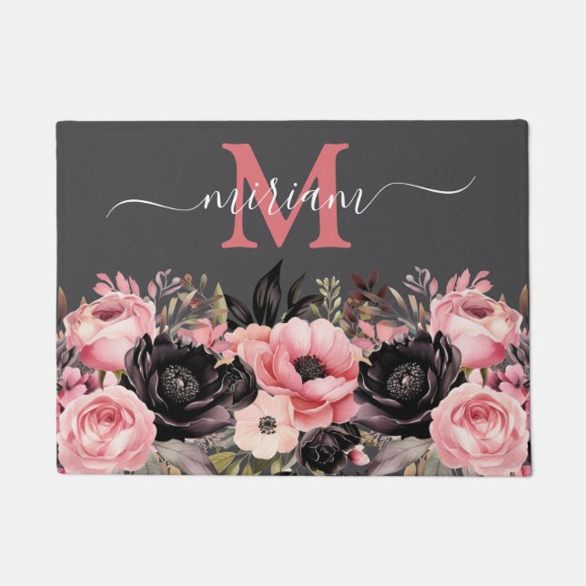 Tapis de sol de cuisine de luxe : Fleurs roses et  (Devant)