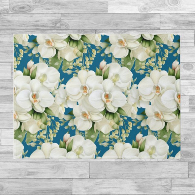 Tapis de sol de cuisine - Orchidées blanches bleu  (Créateur téléchargé)