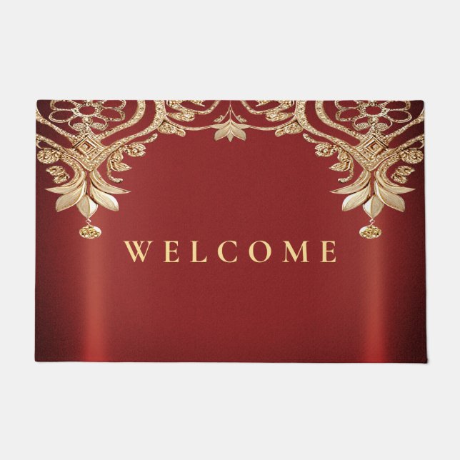 Tapis de sol floral rouge or moderne (Devant)