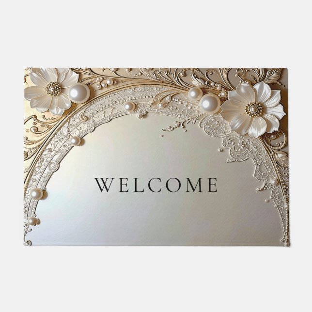 Tapis de sol moderne fleurs blanches perles (Devant)