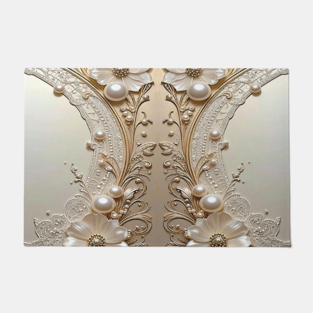 Tapis de sol moderne fleurs blanches perles (Devant)