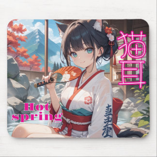 TAPIS DE SOURIS 猫耳少女が温泉に入るイラスト