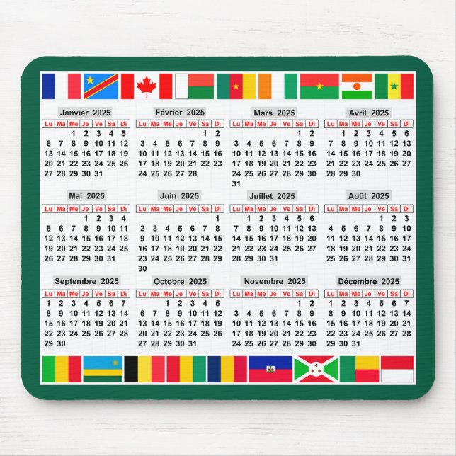 Tapis De Souris 12 mois calendrier de l'année 2025 (Devant)