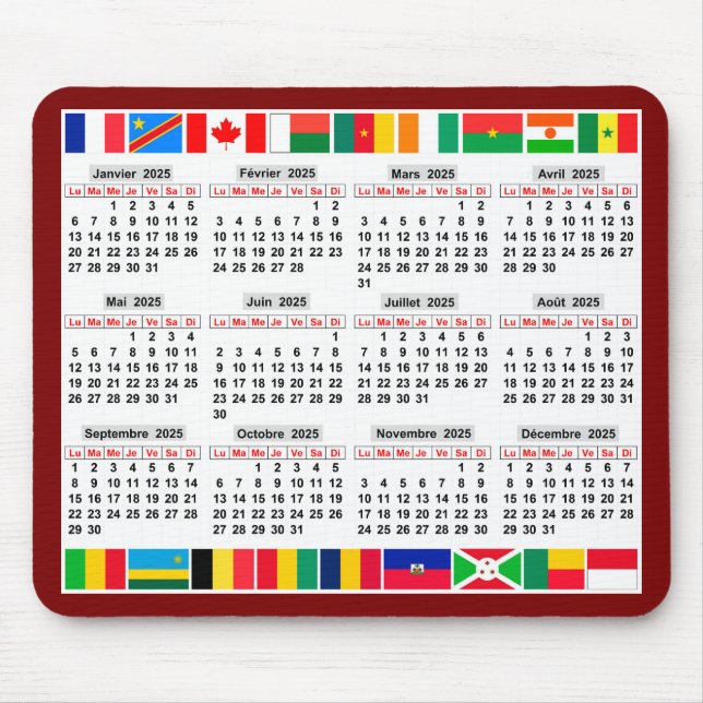 Tapis De Souris 12 mois calendrier de l'année 2025 (Devant)
