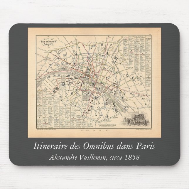 Tapis De Souris 1858 Carte : Itineraire des Omnibus dans Paris Fra (Devant)