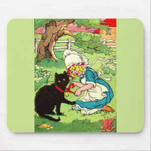 Tapis De Souris 1905 petite fille met l'arc sur son chat noir