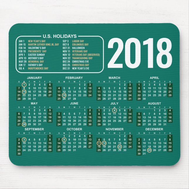Tapis De Souris 2018 calendrier Mousepad avec des vacances des USA (Devant)