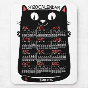 Tapis De Souris 2020 Année Calendrier mensuel Chat noir du milieu 