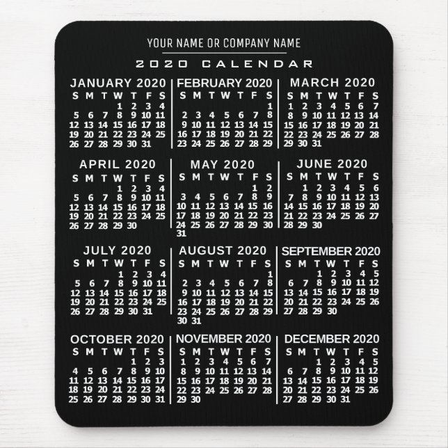 Tapis De Souris 2020 Année Calendrier mensuel Noir Blanc Nom perso (Devant)