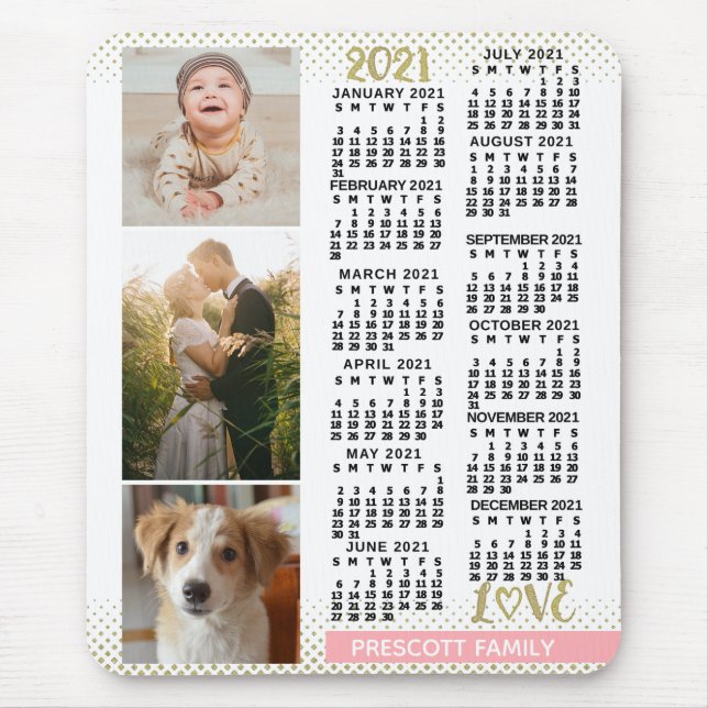 Tapis De Souris 2021 Calendar Blush Pink Gold Family Photo Collage (Devant)